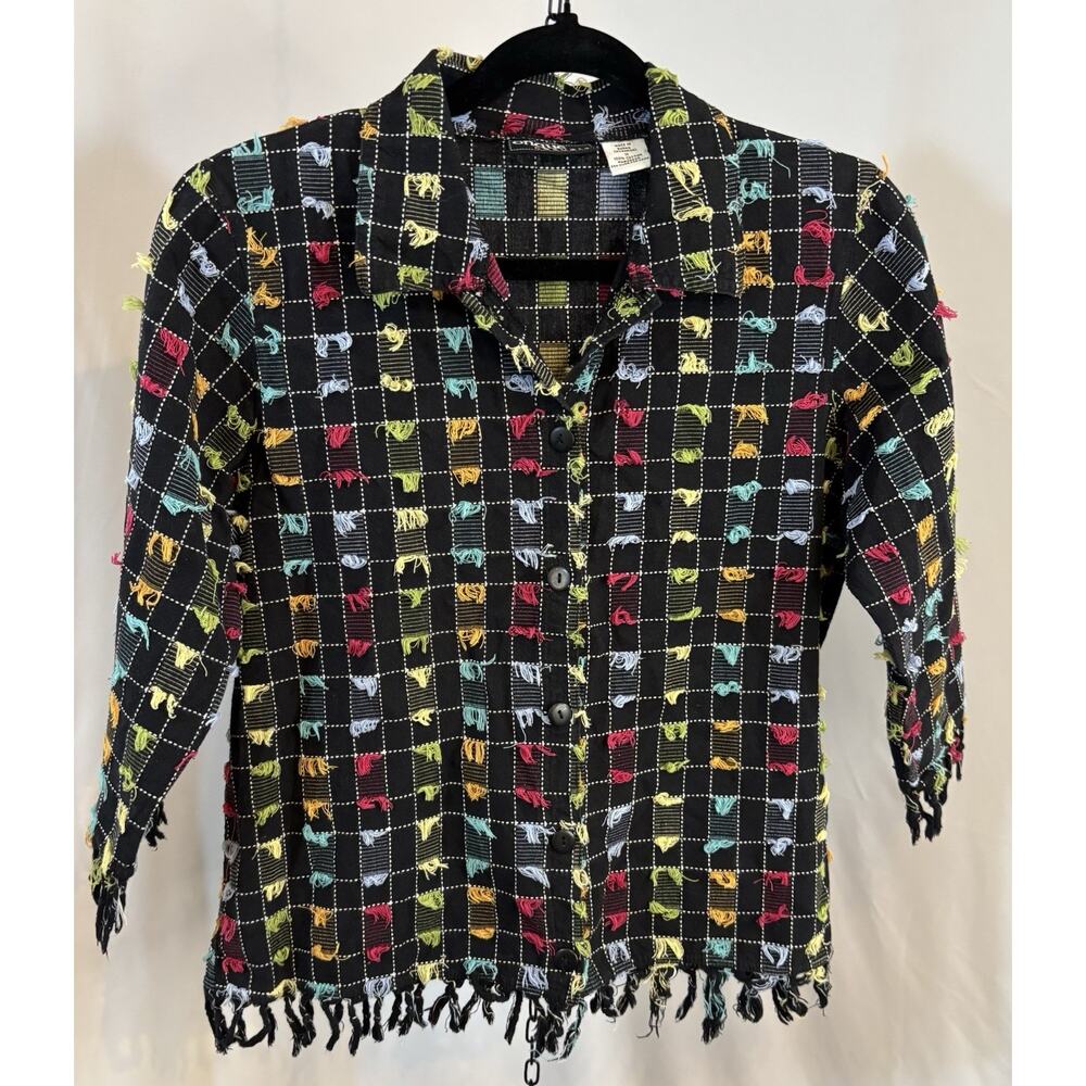 Vintage Button 100% Cotton‎ Top Shacket Women M Eyelash Fringe Boho Colorful Art